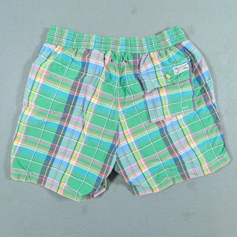 Polo Ralph Lauren Swim Trunks Mens Medium Green Plaid Drawstring Mesh Lined